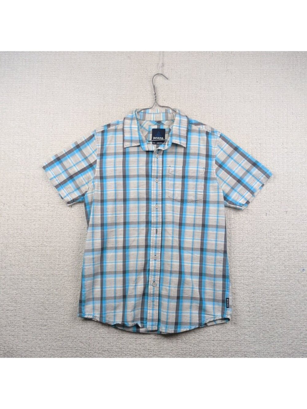 PrAna Shirt Mens Sz S Blue / Gray Plaid Short Sleeve Button Up Pocket Outdoor
